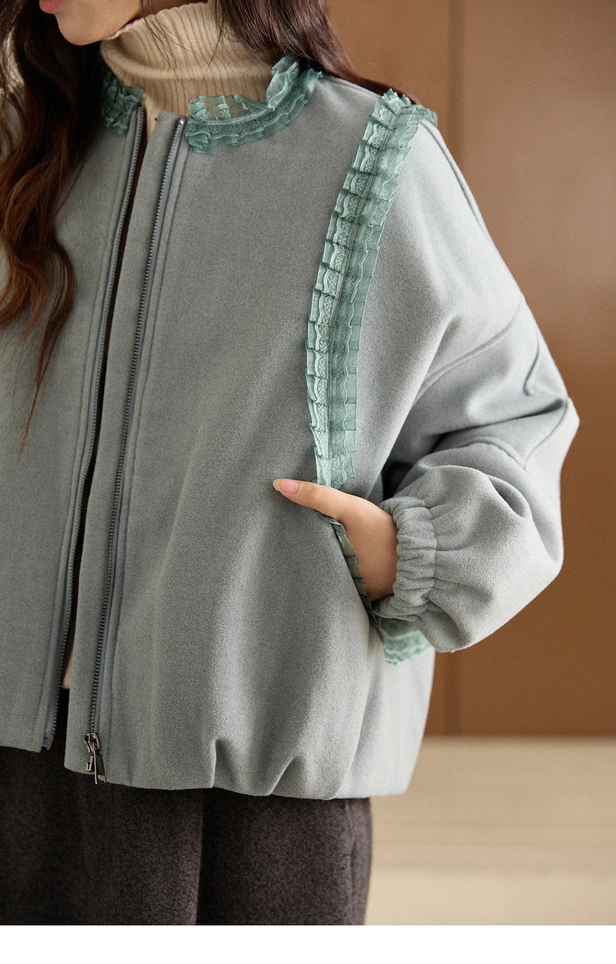 MISHOW Women's Light Blue Down Coats Winter Lace Decor Zipper Puff Sleeve Coats O Neck Loose Casual Warm Outerwear MXE94W1048