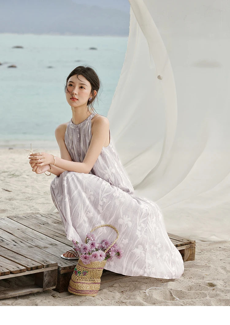 MISHOW Purple Print Chiffon Holiday Dress Women 2025 Summer Sleeveless Stand Collar Slim Dresses Woman New Fashion MXE32L2163