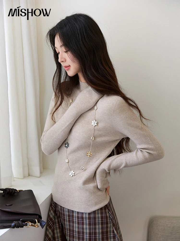 MISHOW Woman Long-sleeved Tops 2025 Autumn Winter Minimalist Mock Neck Knited Top Commute Casual Slim Pullover Woman MXE48Z2583