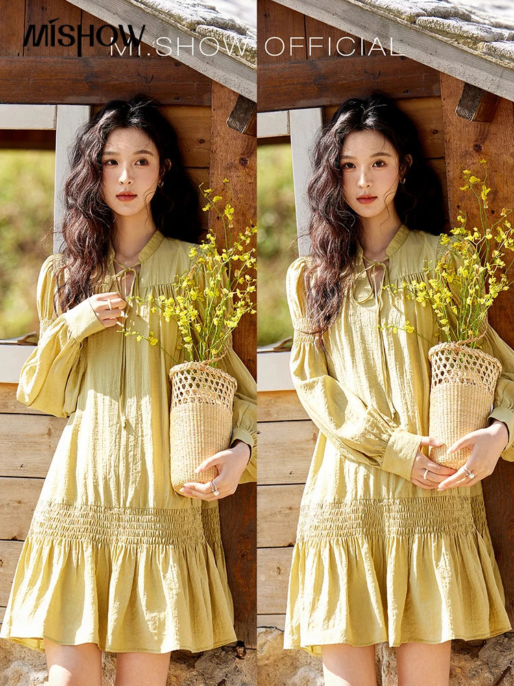 MISHOW Folded Lace Up Dress for Women Spring 2025 Solid V-neck Loose Chiffon Doll Dress Puff Sleeve Knee-Length Dress MXE11L2113