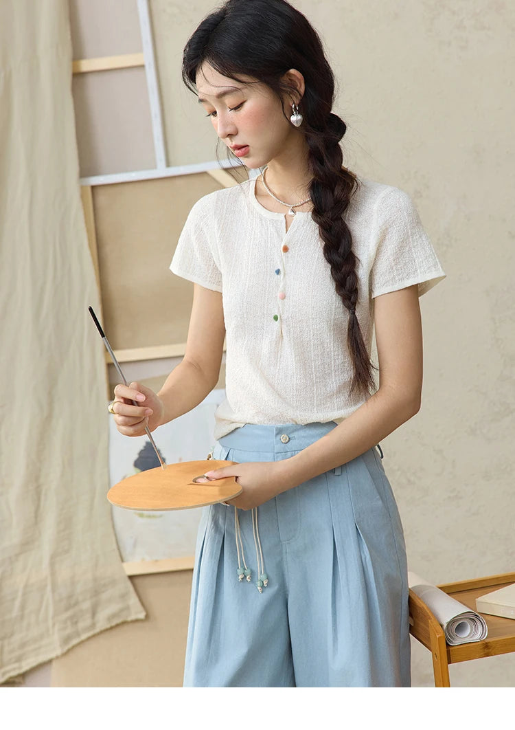 MISHOW Sea Salt Blue Wide Leg Pants 2025 Summer Contrasting Bead Belt Cotton Blend Trousers Slim Commuting Pants MXE35K0931