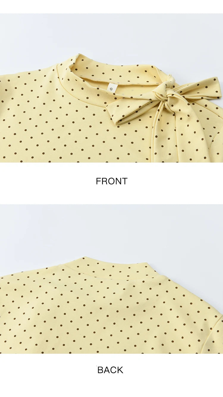 MISHOW Elegant Woman Pullovers 2025 Autumn Sweet Retro Yellow Polka Dot Knitted Top Lace Up Collar Slim Fit Tops MXE45Z1379