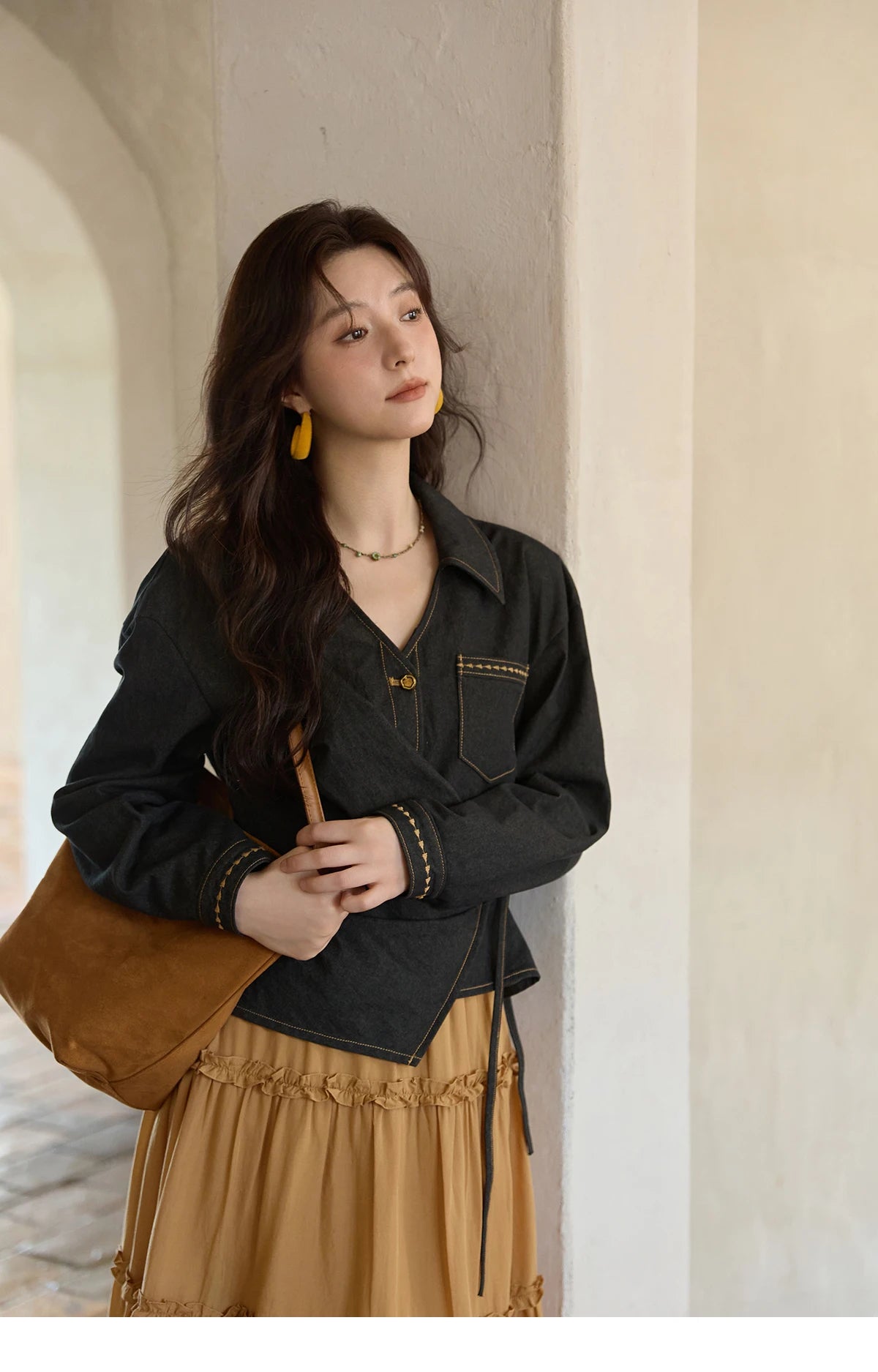 MISHOW Black Imitation Denim Shirt Side Lace-Up Lapel V-Neck MXE42C2374