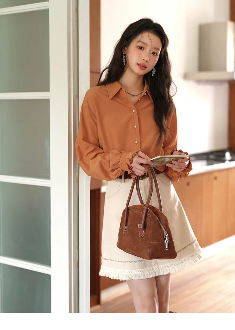 MISHOW Women's Shirts 2025 Autumn Color Blocking Buttons Pleated Cuffs Loose Top Female Solid Lapel Commuting Shirts MXE41C2352