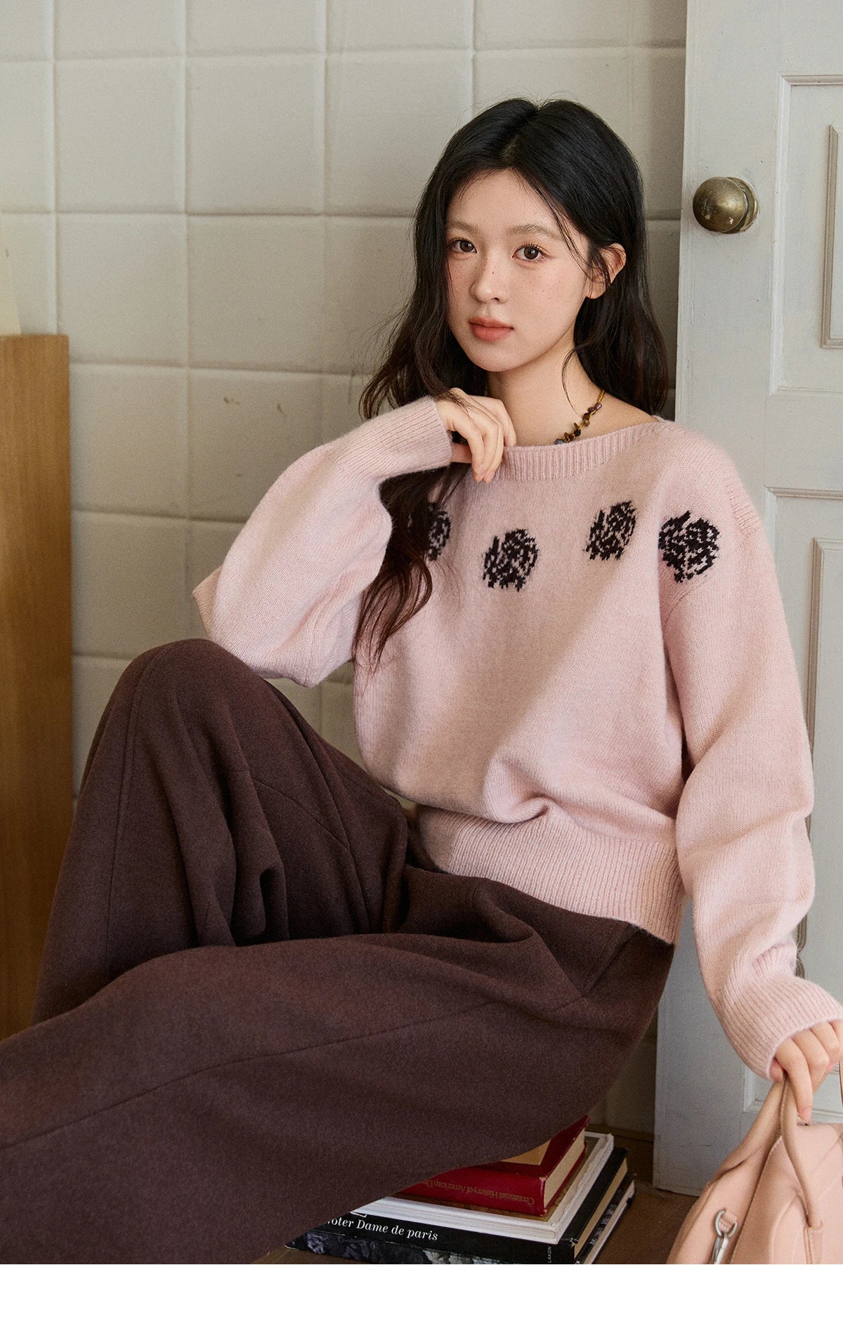 MISHOW Pink Jacquard Sweater for Women Fall Winter 2025 Lantern Sleeve Tops Shoulder Drop Thickened Knitted Sweater MXE91Z2775