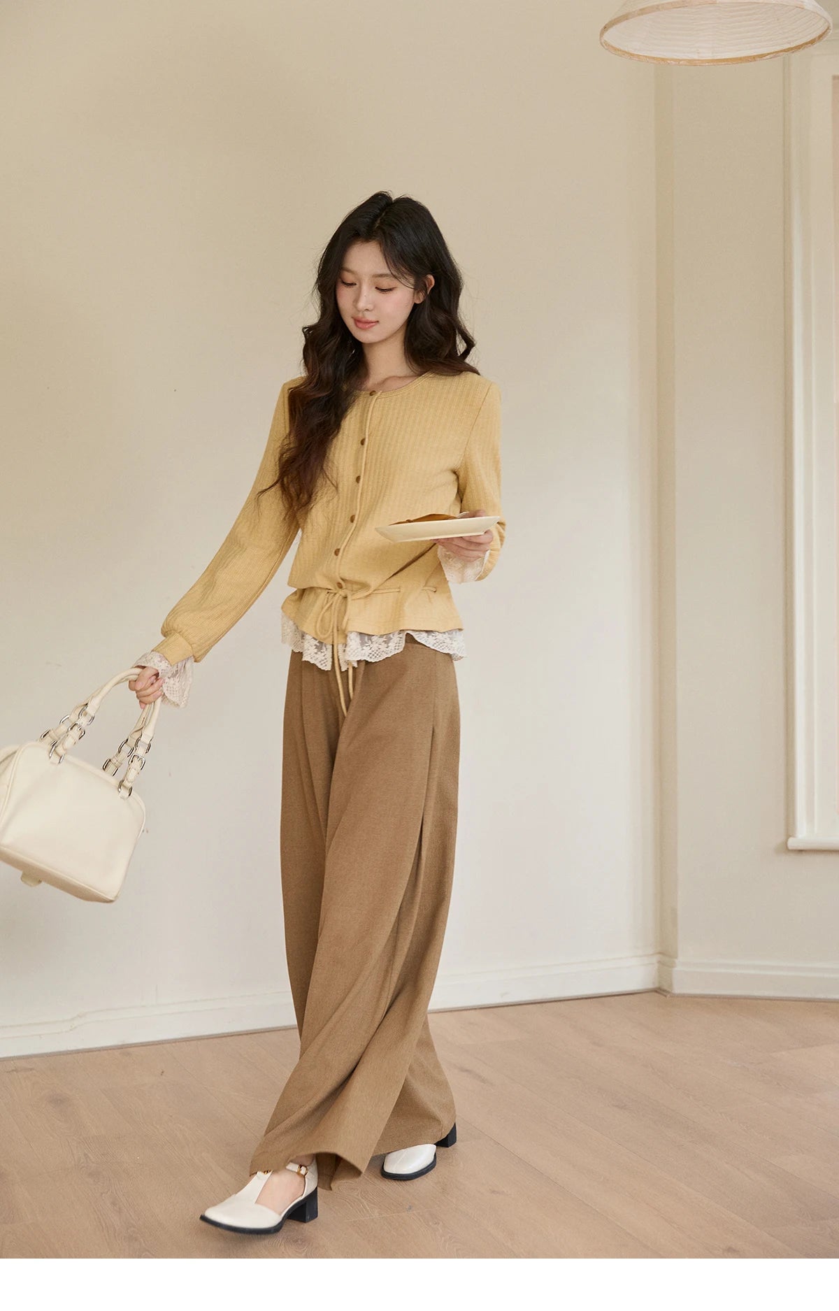 MISHOW Women's Yellow Ribbed Cardigan Spring Lace Trim Drawstring Waist Thin Knitted Sweater Long Sleeve Casual Top MXF11Z2919