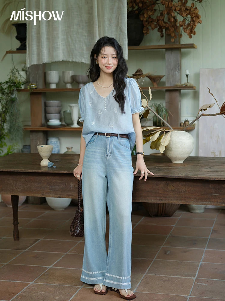 MISHOW Women's Coral Embroidery Summer Blouse 2025 New Fashion V-neck Puff Sleeve Blouse Casual Women's Clothing ﻿MXE37X1850