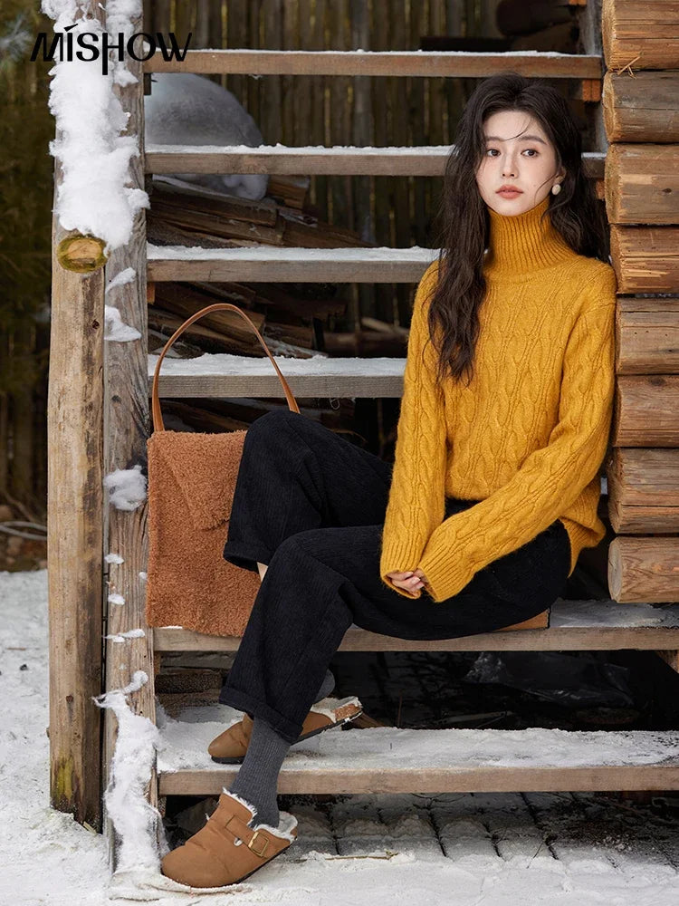 MISHOW Turtleneck Texture Solid Sweater Soft Warm Coat Winter Women Clothes Versatile Temperament Tops Office Lady MXD57Z1090