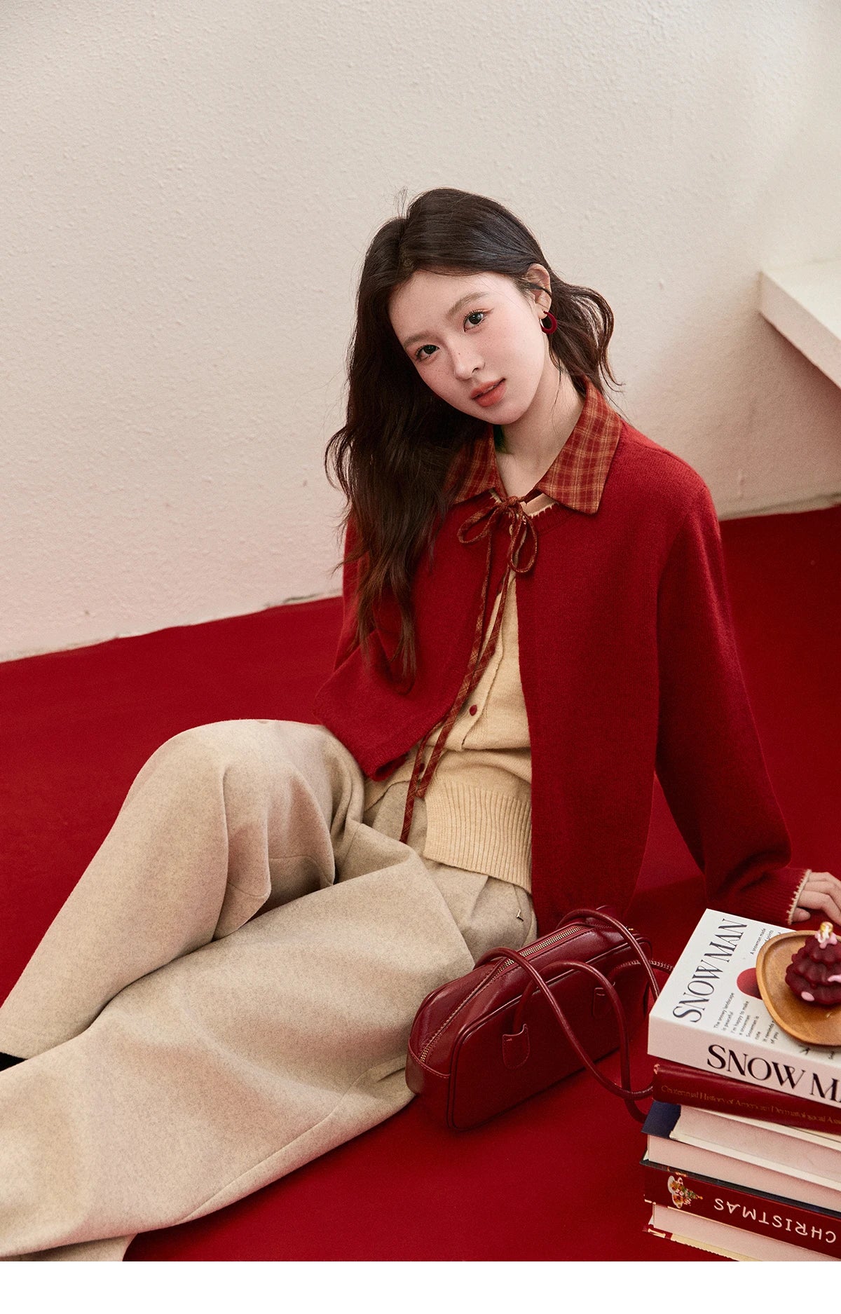 MISHOW Color Block Contrast Fake Two-Piece Cardigan Women Winter Removable Plaid Collar Tie Thickened Knitted Sweater MXE93Z2816