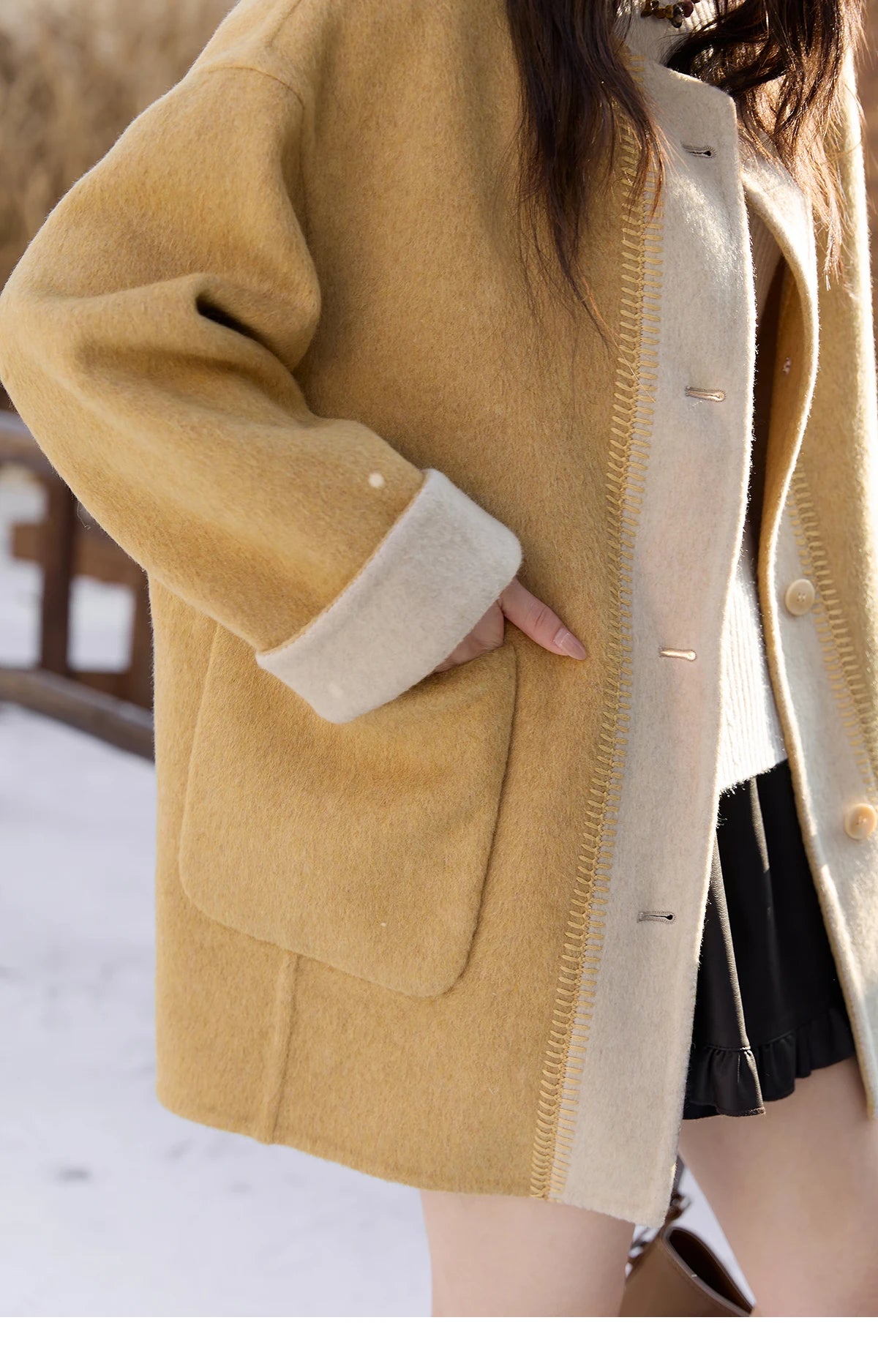 MISHOW Yellow Double-faced Wool Coat for Women 2025 Winter New Retro Contrast Color Slim Crew Neck Pockets Wool Coat MXE51W0915