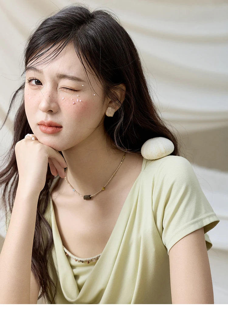 MISHOW Casual Summer Shirts Women 2025 Fashion Short Sleeve Swing Collar Solid T-shirt Female Slim Shell Ribbon Tops MXE33T0524