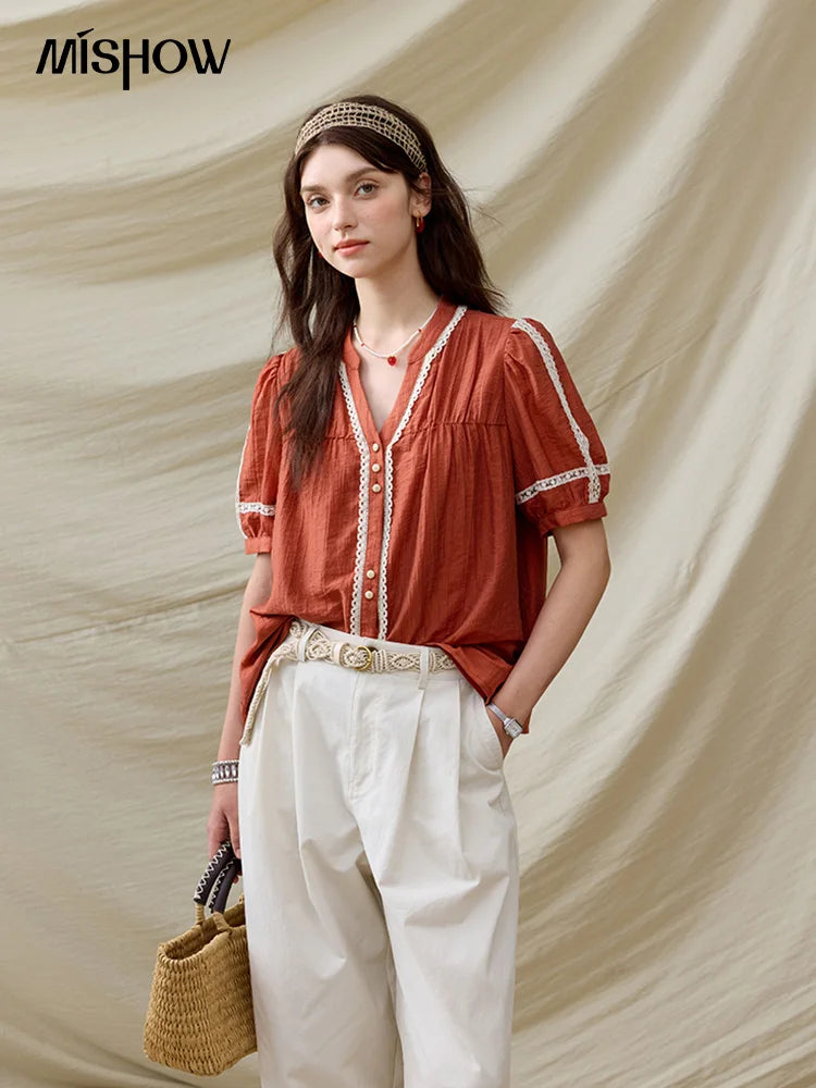 MISHOW French New Blouses Women Summer New 2025 Short Sleeve V-neck Color Matching Shirts Female Fashion Lazy Style MXE31X1766