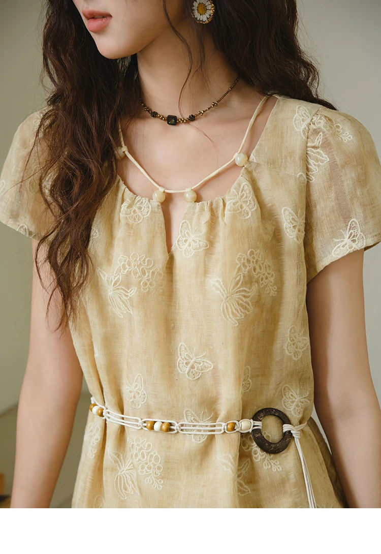 MISHOW Fashion Butterfly Embroidery Dress 2025 Summer Splicing Beaded Collar Comes with Retro Belt Dresses MXE36L2250