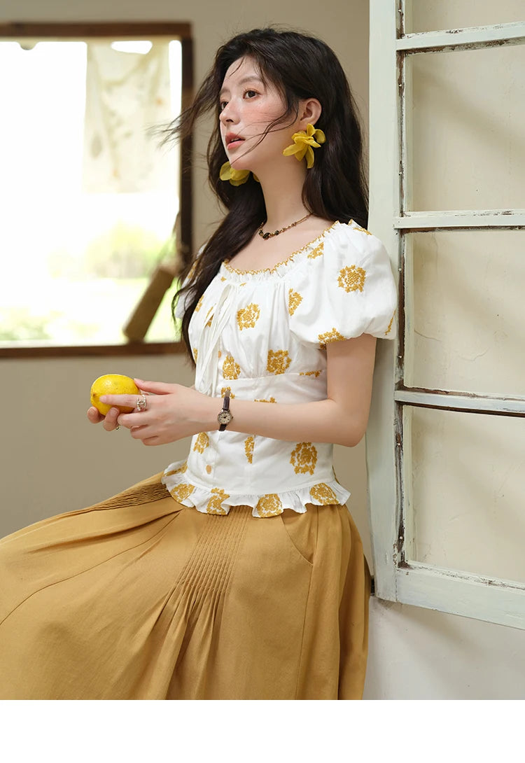 MISHOW Yellow Flower Embroidery Blouse Puff Sleeve Lace Up MXE35X1811