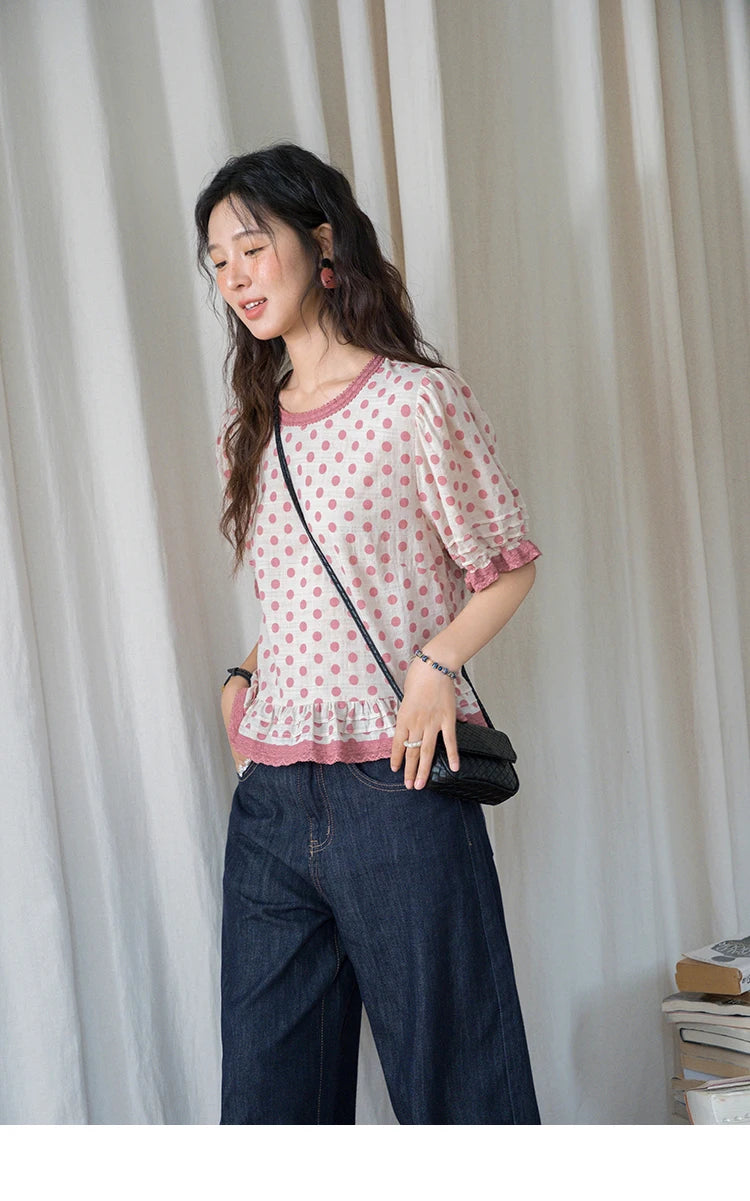 MISHOW Women's Blouse Fashion Pink Polka Dot Short Top 2025 Summer Sweet Puff Sleeve Blouse Casual Female Clothing MXE37X1900