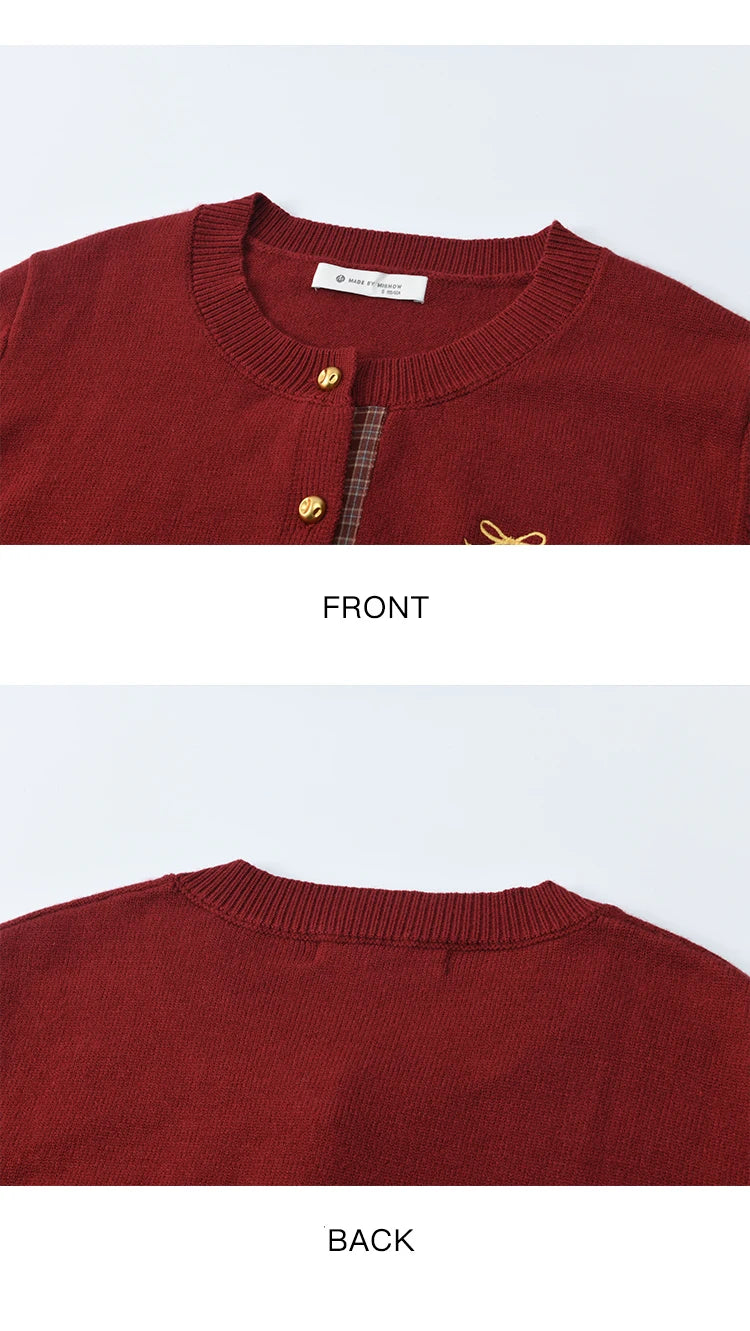 MISHOW Christmas Women's Cardigan 2025 Red Fake Two-Piece Plaid Patchwork Knit Top O-Neck Single-Breasted Outerwear MXE45Z2483