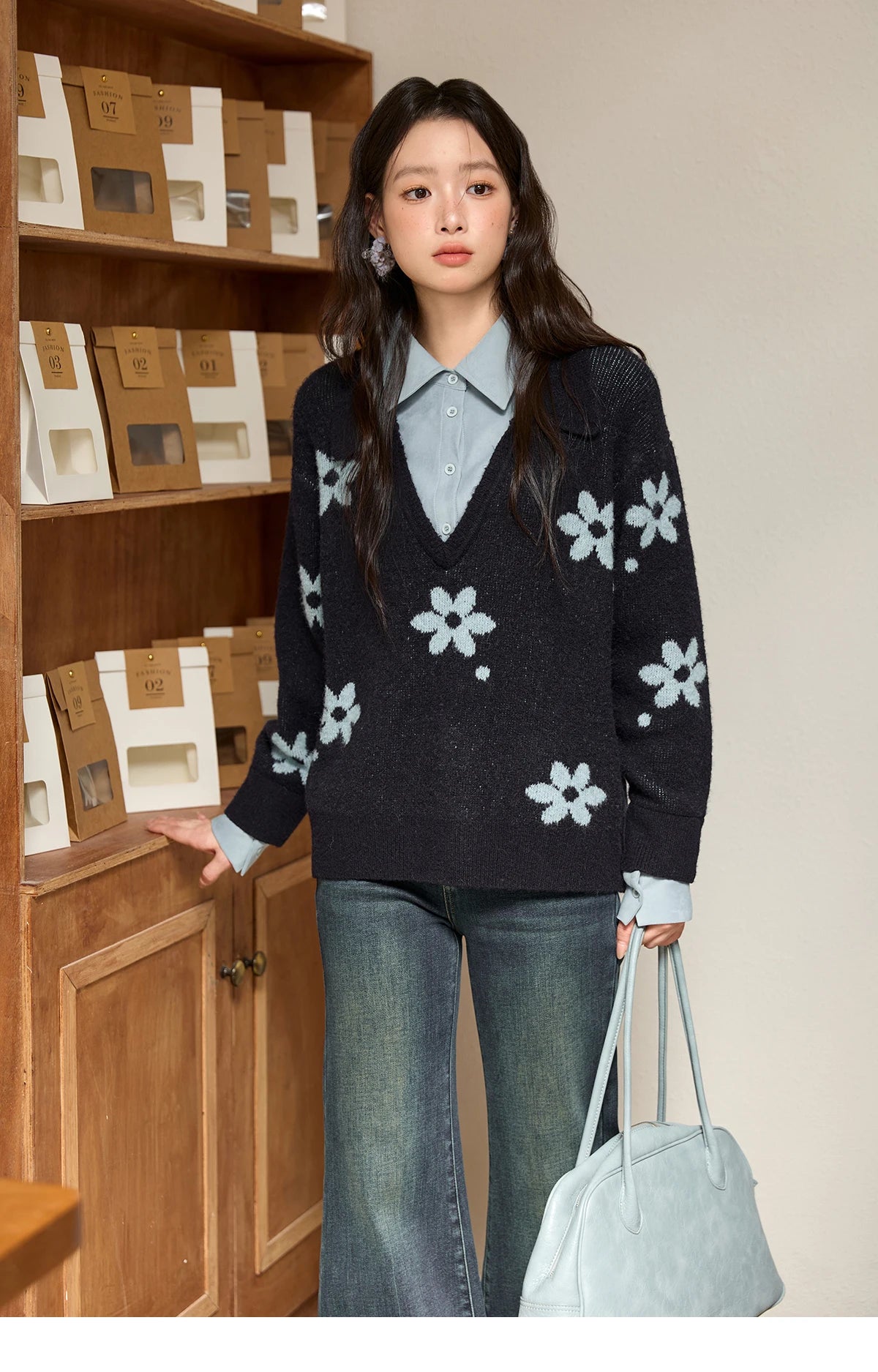 MISHOW Dark Blue Fake Two-piece Pullovers for Women 2025 Autumn Winter New Turn-down Collar Flower Pattern Sweater MXE51Z2554