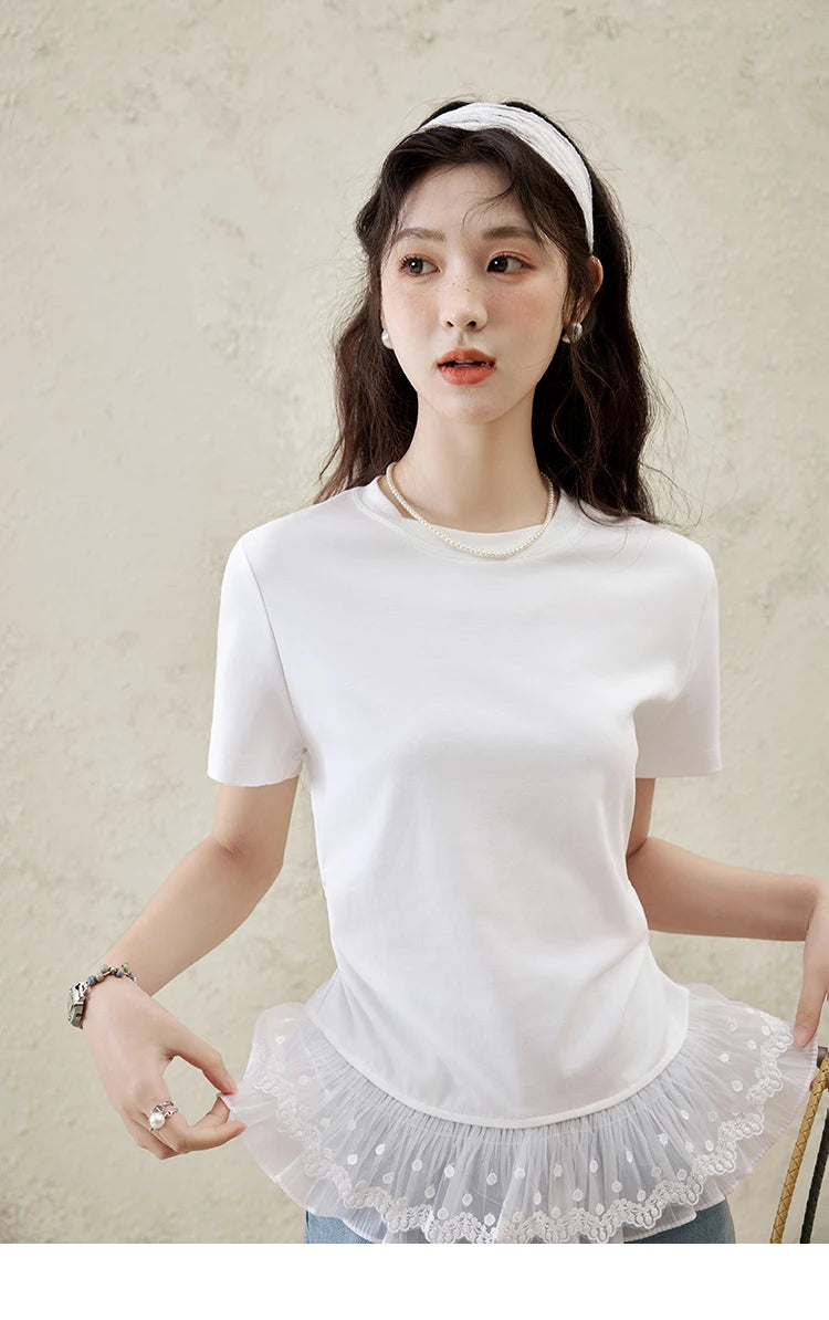 MISHOW Lace Hem Splicing T-shirt for Women Spring/summer 2025 Round Neck Versatile Top Streetwear Solid Casual Tees MXE31T0528