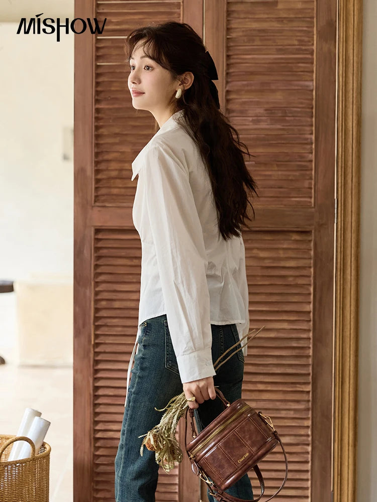 MISHOW French Side Placket Asymmetric Shirt Autumn 2025 Pleated Waist Lapel Shirts Long Sleeve Loose Commuter Tops MXD45C0357