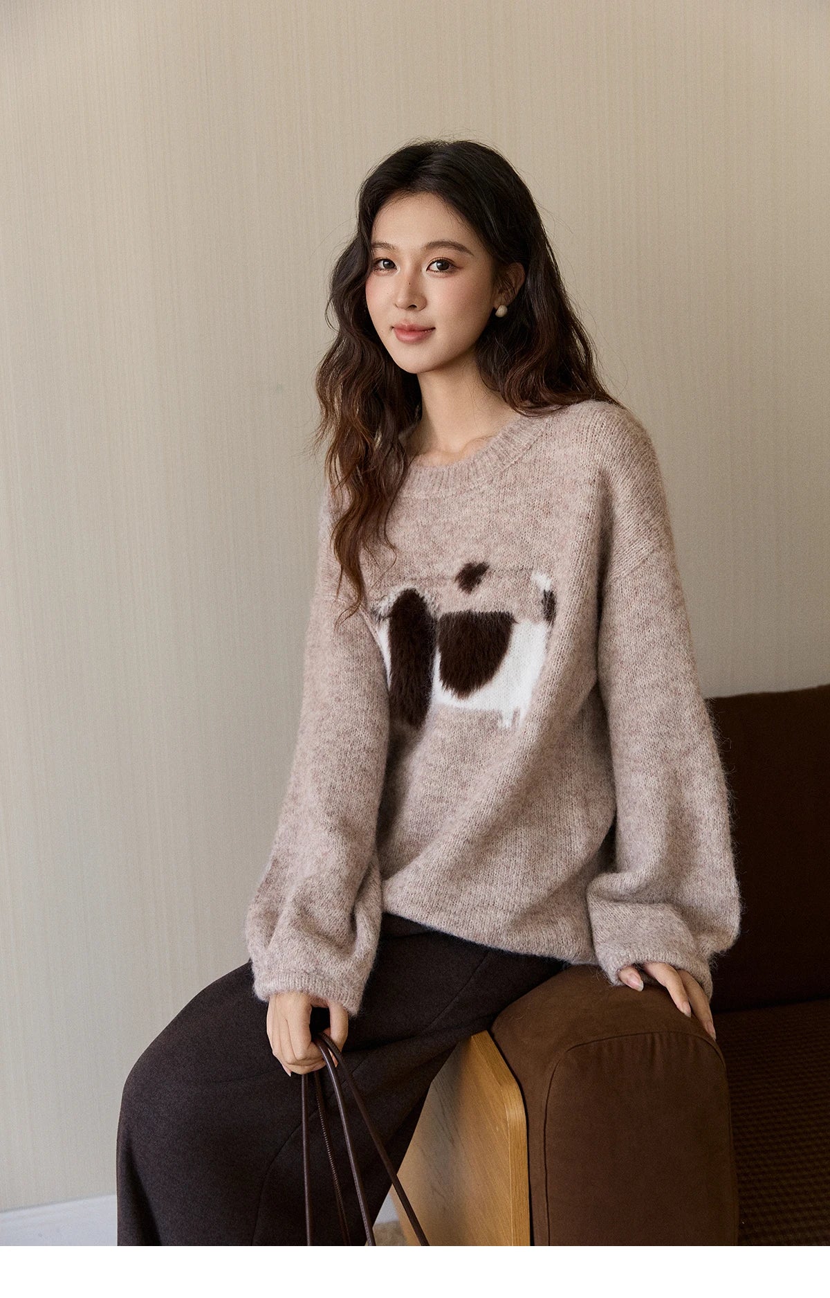 MISHOW Women's Solid Knitted Sweater 2025 Autumn Winter Dog Pattern Jacquard Crew Neck Fluffy Warm Loose Pullover Top MXE94Z2988