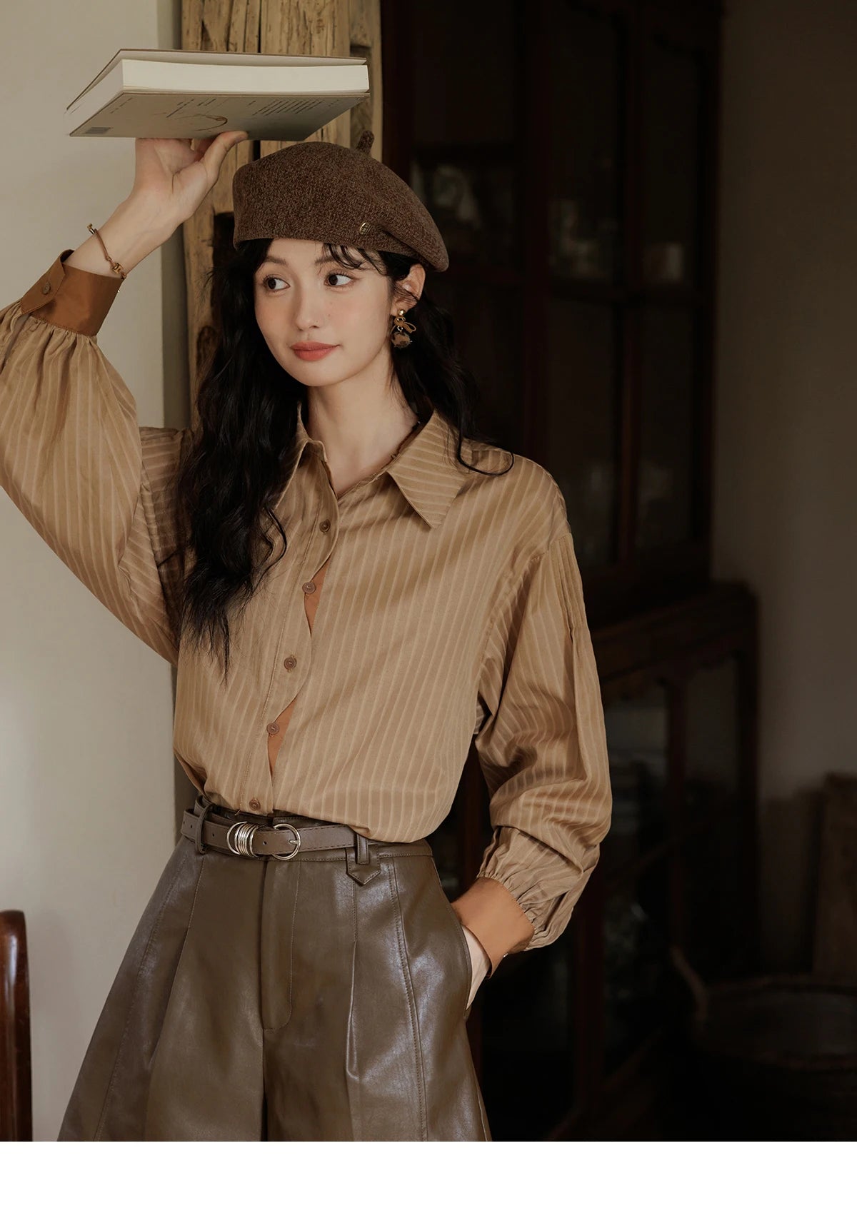 MISHOW Striped Casual Shirt for Women 2024 Autumn Retro Lapel Long Sleeve Top Contrasting Cuffs Shirts Office Lady MXD42C0301