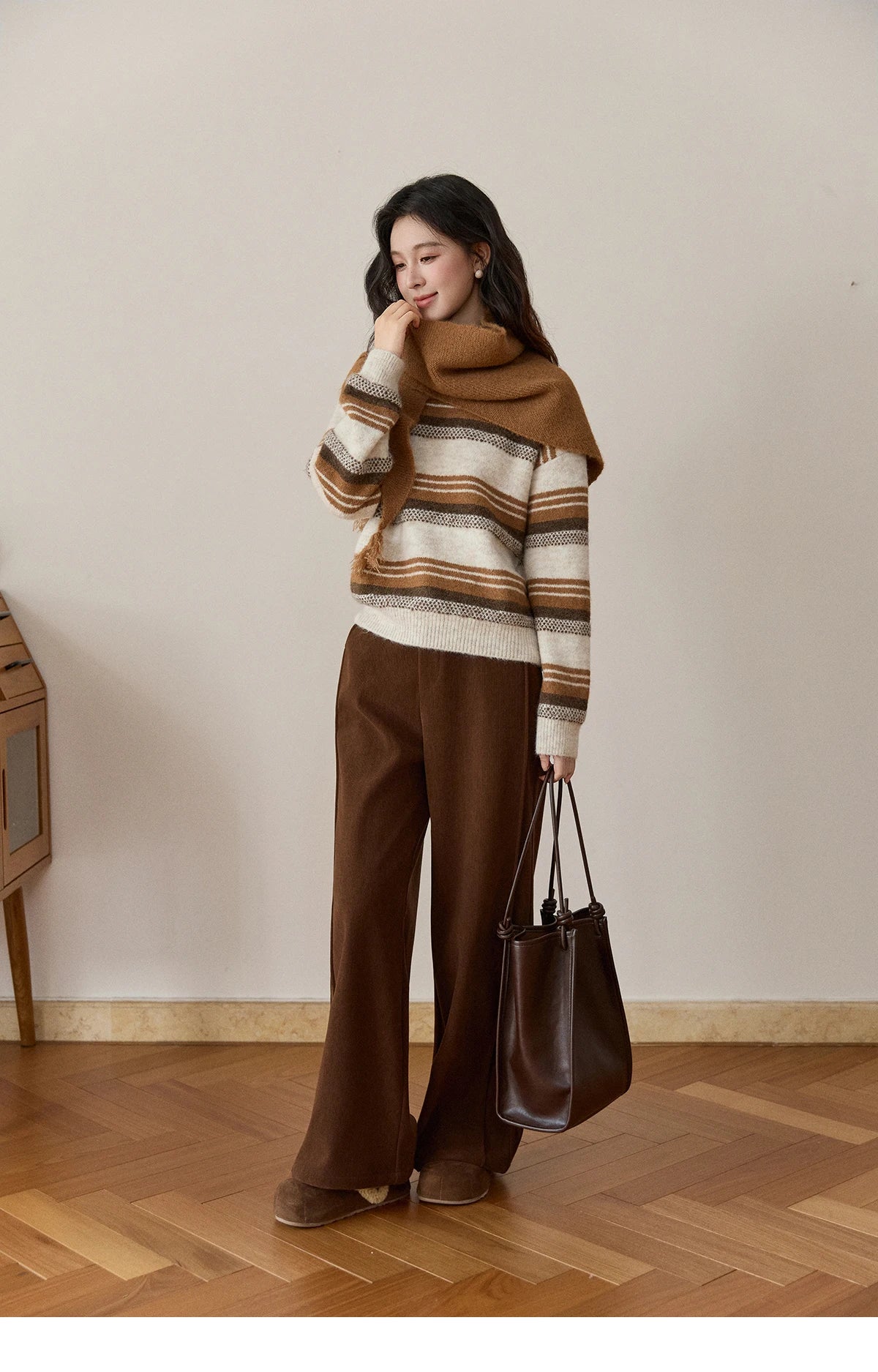 MISHOW Women's Wool Blend Retro Striped Sweater with Scarf Set 2025 Winter Knitted Round Neck Warm Loose Sweaters MXE94Z2987