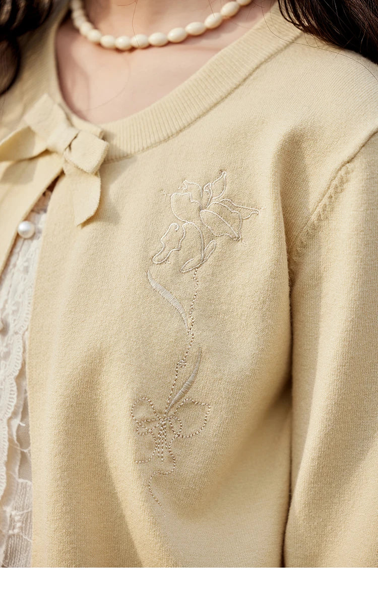 MISHOW Iris Embroidery Round Neck Cardigan for Women Spring 2025 Loose Knitted Thin Bow Design（Not Include Lace Vest） MXE13Z1142