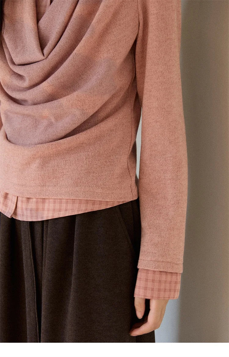 MISHOW Women Knit Top 2025 Winter Faux Two-piece Pullovers Retro Plaid Patchwork Draped Collar Luxury Design Pink Top MXE87Z2747