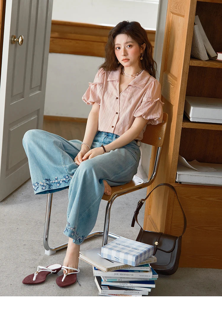 MISHOW Ladies Fashion Puff Sleeve Striped Shirt 2025 Summer New Commute Retro Turn-down Collar Top Women's Clothing MXE37C0808