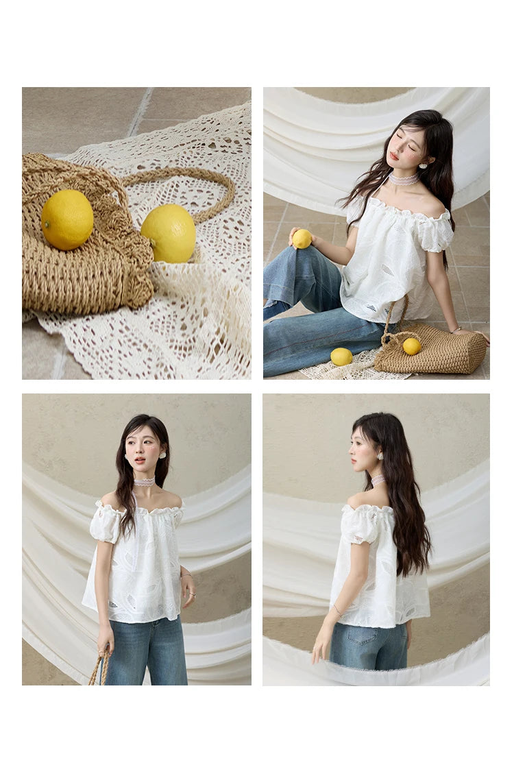 MISHOW French Summer Shirts Women New 2025 Slash Neck Short Sleeve Solid Lace Blouses Female Fashion Slim Tops Lady MXE35X1775