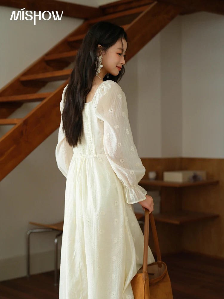 MISHOW Women's Cashew Flower Embroidered Dress 2025 Autumn V-neck Drawstring Long Sleeves Ladies Elegant Slim Dresses MXE41L2387