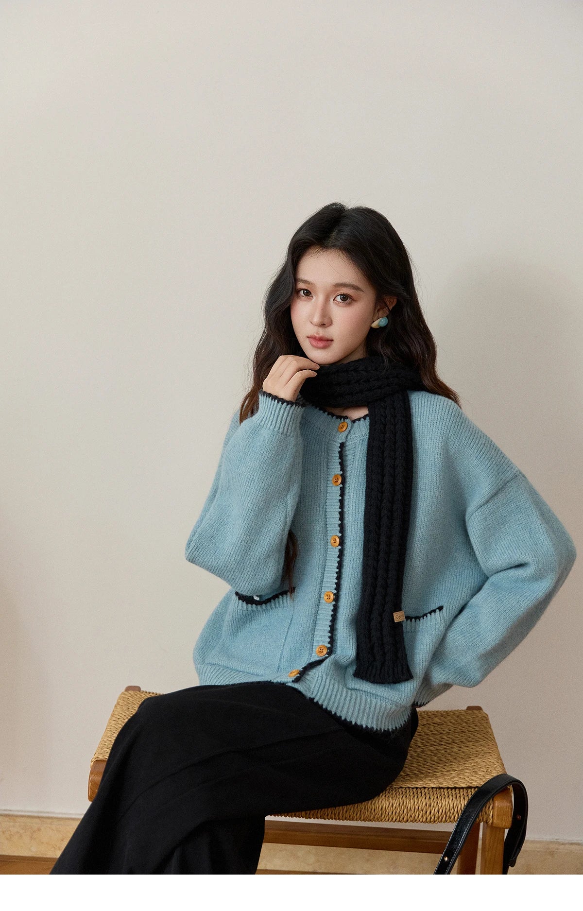 MISHOW Women's Yellow Knitted Cardigan 2025 Autumn Winter Color Collision Edge Sweater Pockets Loose Warm Casual Tops MXE94Z2973