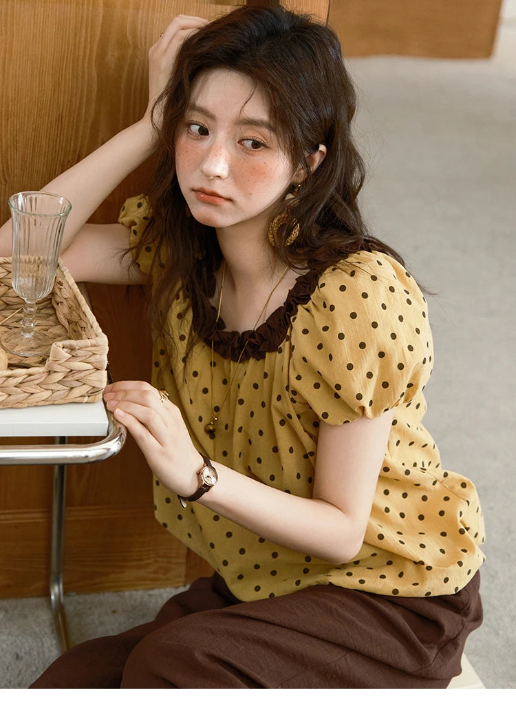 MISHOW 2025 Summer Women's Two Piece Set Polka Dot Puff Sleeve Top Casual Pocket Wide Leg Pants Set Female Clothing MXE39T0657