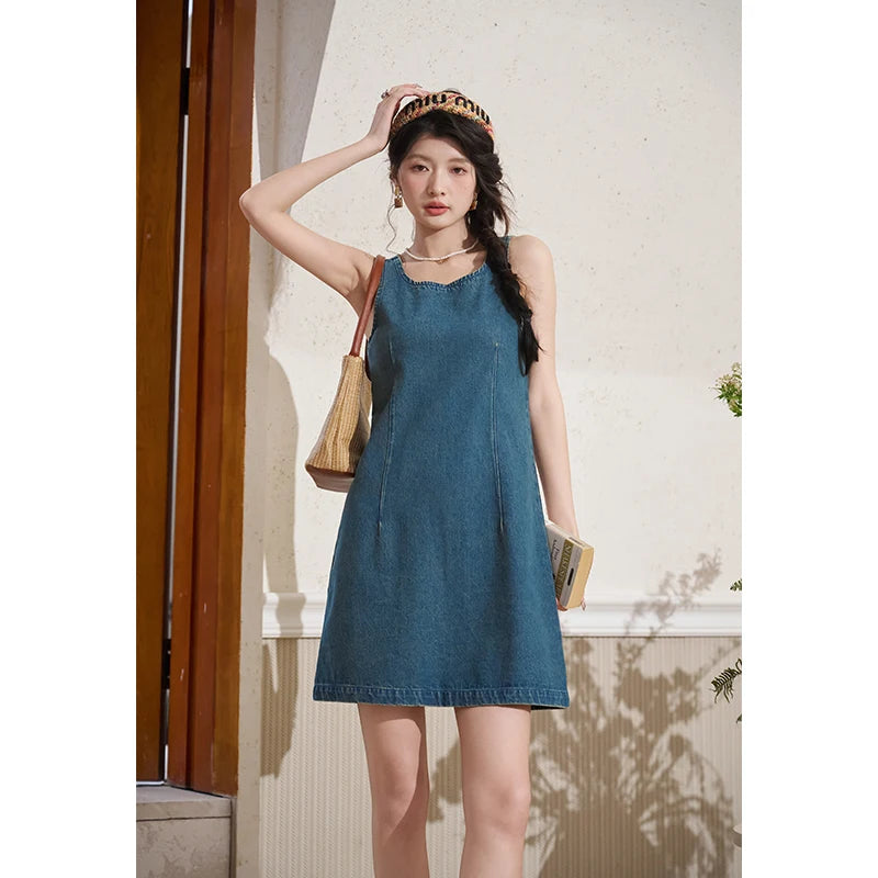 MISHOW Retro Chinese Buckle Denim Short Jacket U-neck Vest Dress Separately 2025 Autumn Casual Coat Knee-Length Dress MXD14L1771