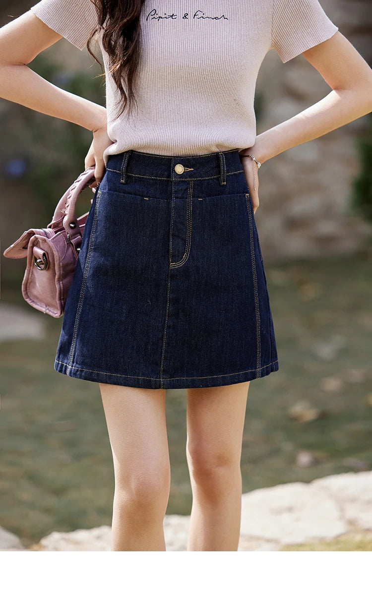 MISHOW Women's Retro Deep Blue Short Denim Skirt Spring High Waist Slim A-line Skirts Denim Commuting Versatile Skirt MXE13B0658