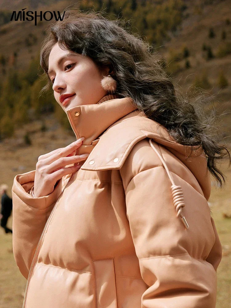 MISHOW Women's Winter Down Jacket 2023 Hooded Short White Duck Down Coats Imitation Protein Leather Puffer Jackets MXC52Y0008