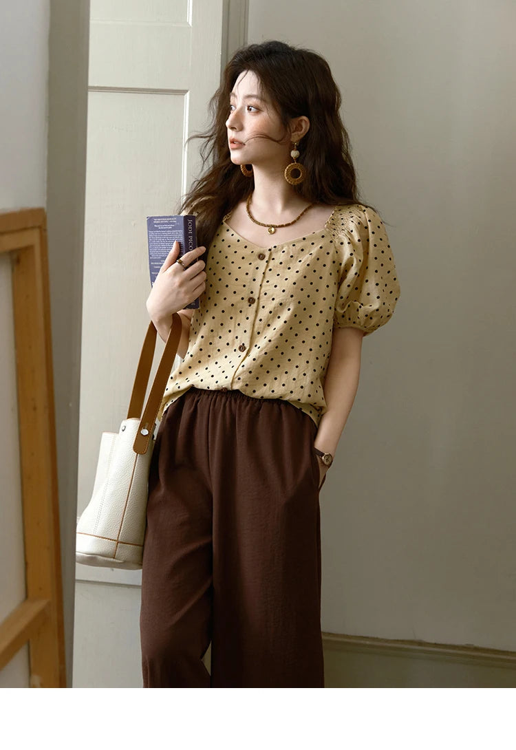 MISHOW Women's Polka Dot Puff Sleeve Blouse 2025 Summer New Ladies Button Retro Sweet V-neck Top Women's Clothing MXE37X1859