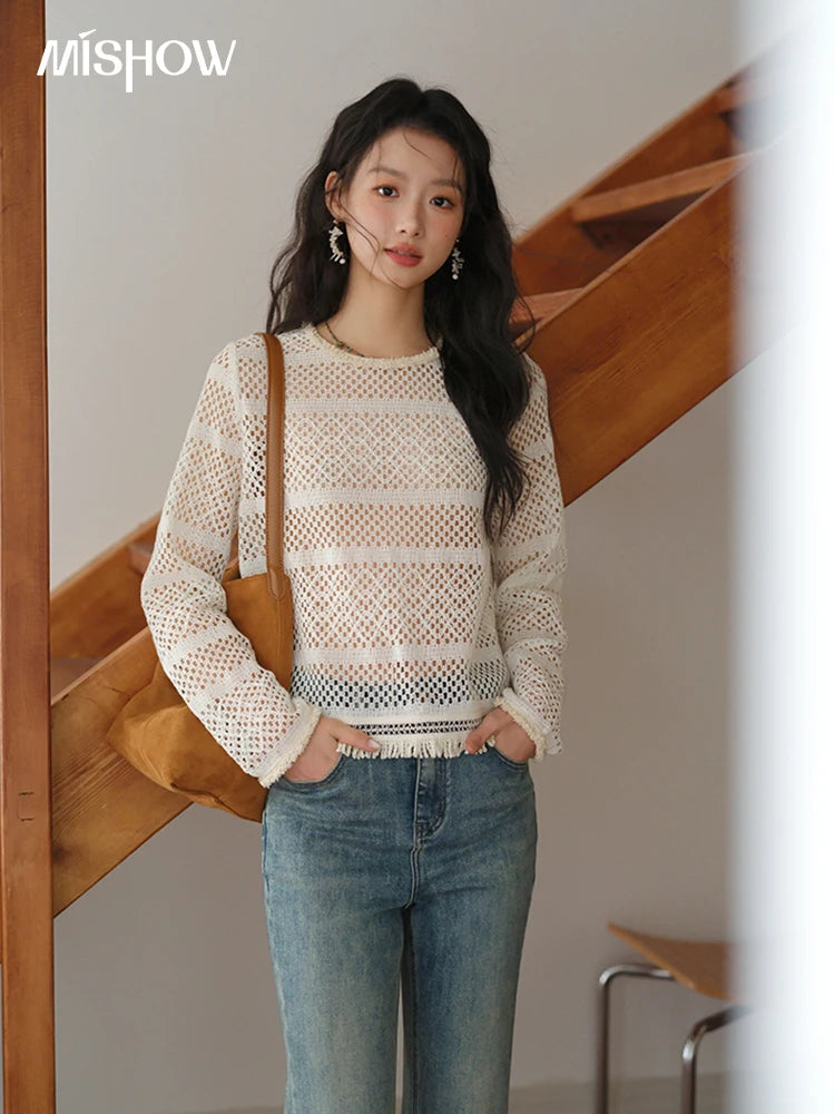 MISHOW Bohemian Lace Hollow Top for Women 2025 Autumn Hem Tassel Lace Breathable Top Beige White Casual Knitted Tops MXE41X2466