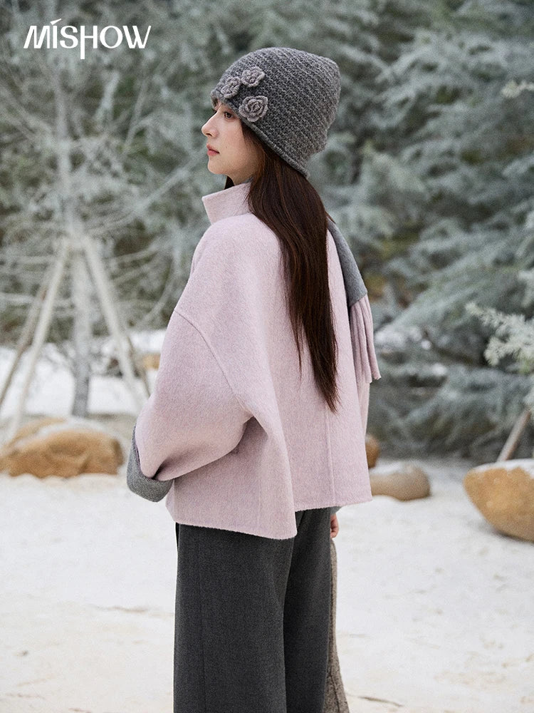 MISHOW Women's Tweed Wool Double-Faced Short Coat with Scarf 2025 Winter Loose Warm Outerwear O-neck Coat Office Lady MXE86W0977