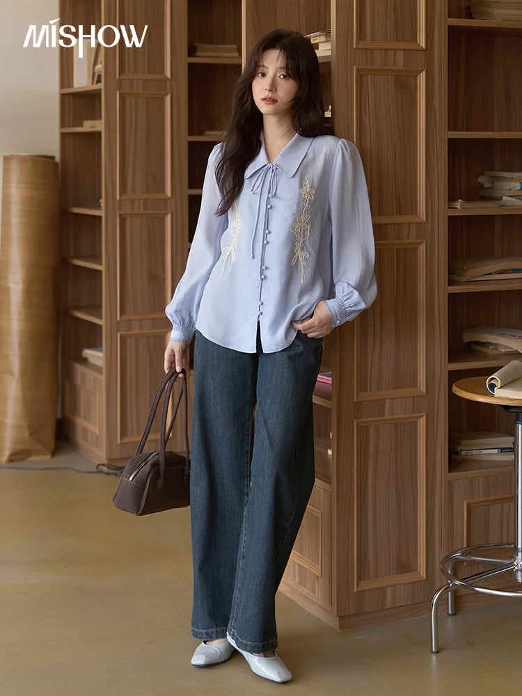 MISHOW Women's 100% Lyocell T-Shirt 2025 Autumn Flower Embroidered Tops Puff Sleeves Lapel Lace-up Shirts Office Lady MXE42C2371