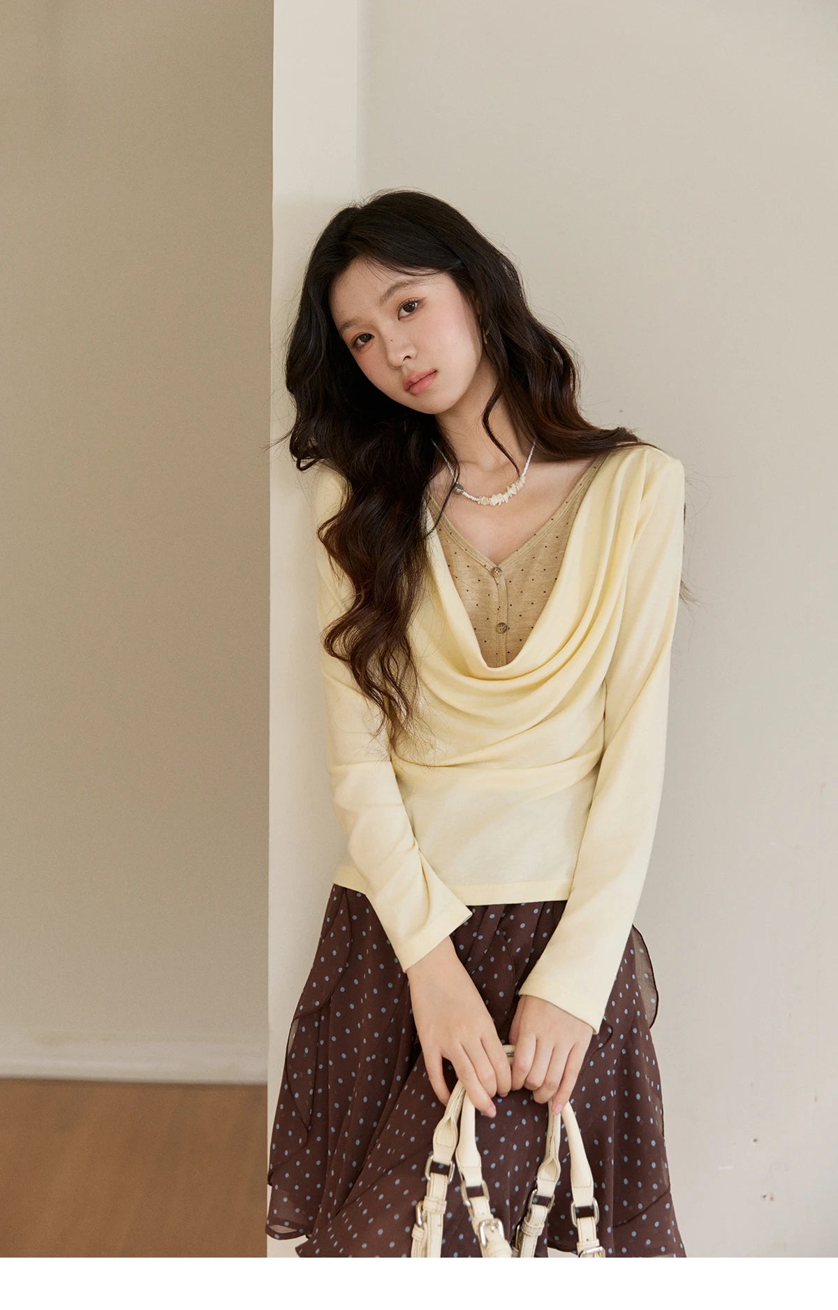 MISHOW Women's Wool Blend Fake Two Piece Draped Neck Knit Top 2026 Spring Wave Point Ribbon Contrast Color Casual Top MXF13Z2977