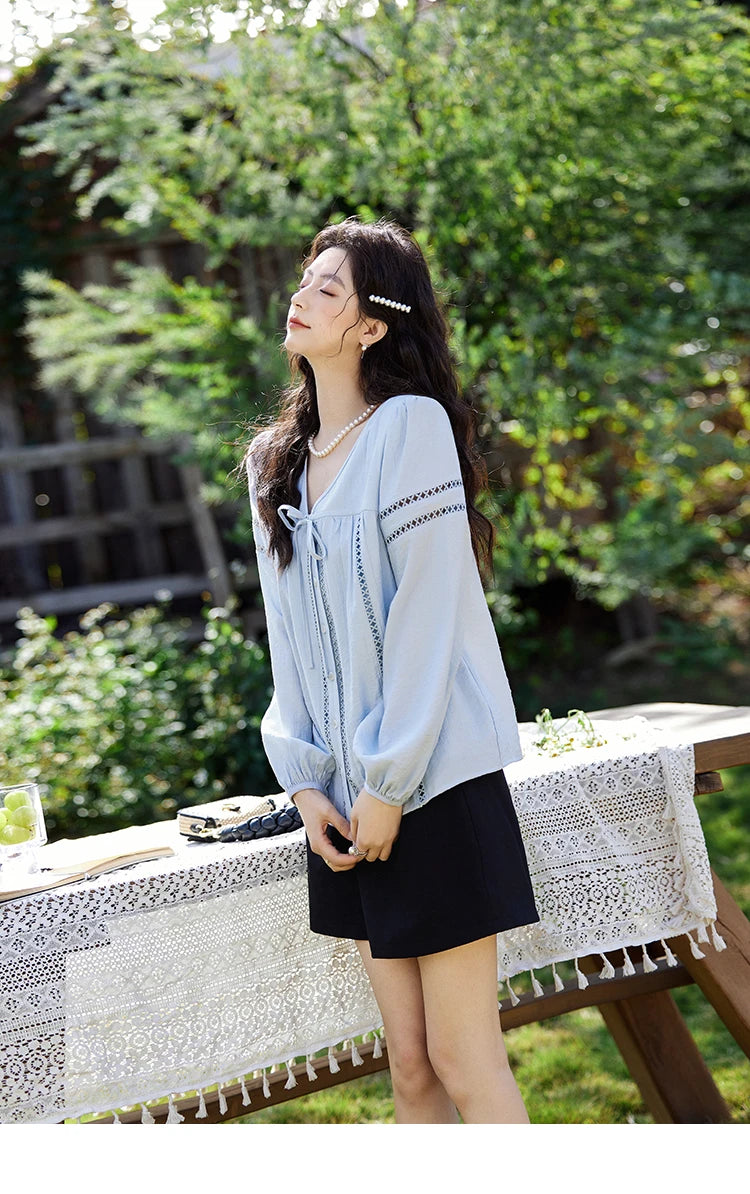 MISHOW French Sweet Loose Blue Shirt for Women 2025 Spring Summer V-neck Lace-up Hollow Doll Shirt Lantern Sleeve Top MXE12C0411