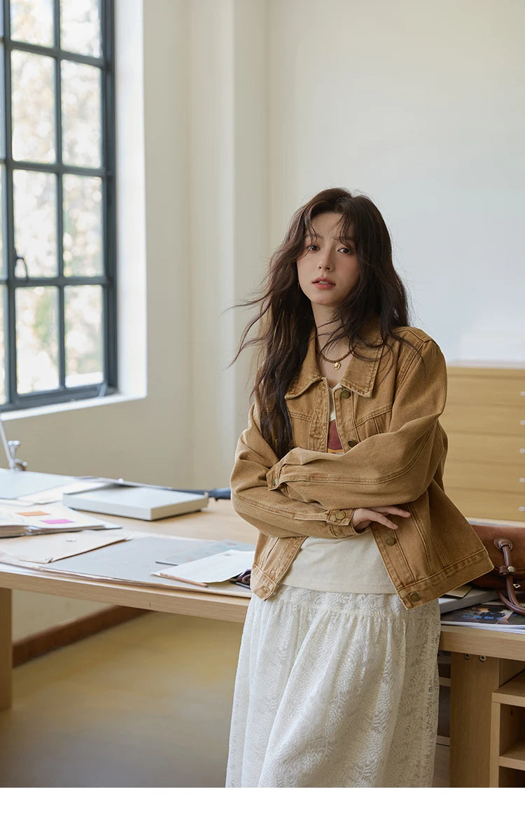 MISHOW Light Brown Vintage Denim Jacket for Women 2025 Autumn Embroidered Pockets Dropped Sleeve Retro Loose Jacket MXE41W0795