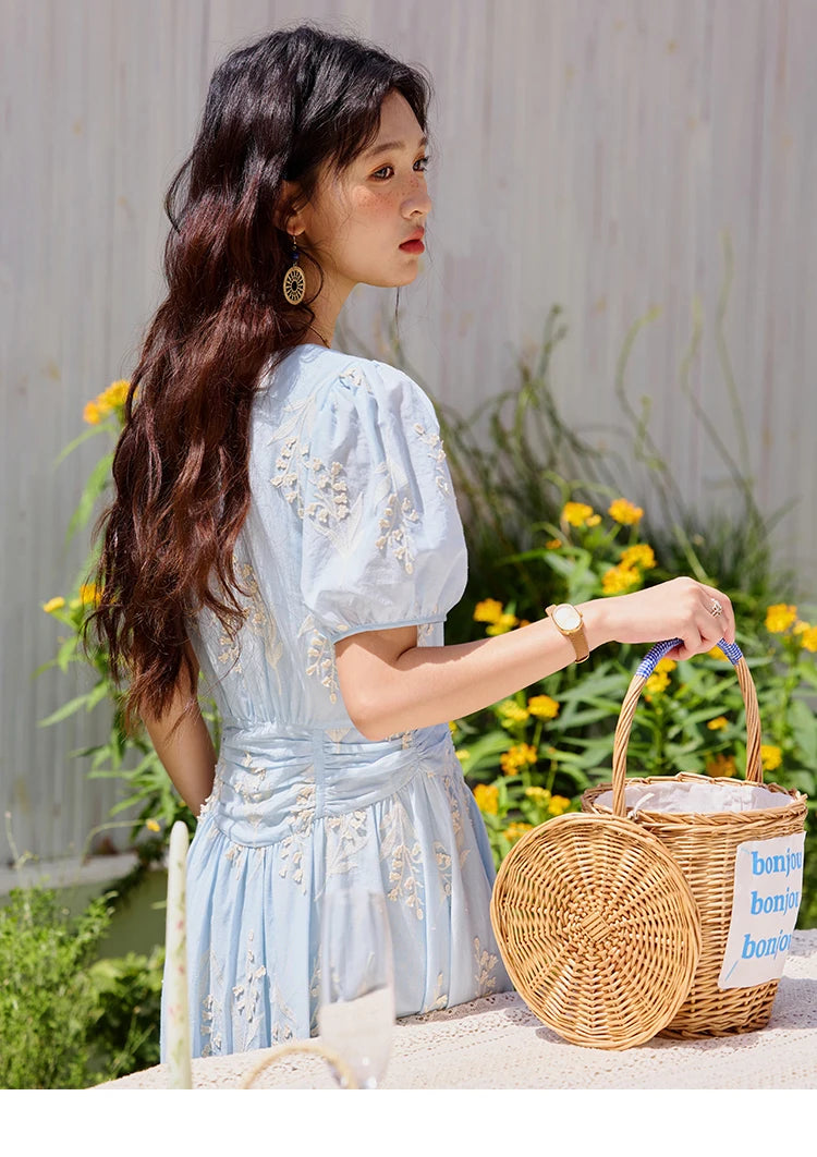 MISHOW Blue Square Neck Bubble Sleeve Dress for Women Summer 2025 Waist Vacation 100 Cotton Embroidered Long Dress MXE35L2234
