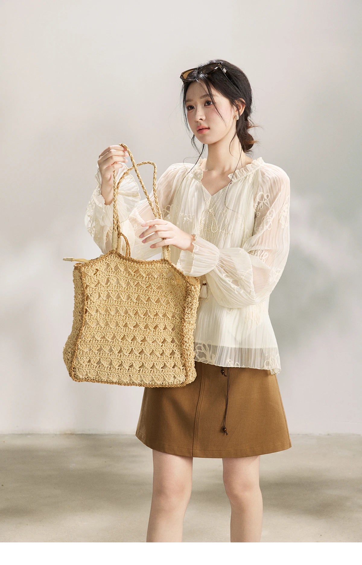 MISHOW Women's Tassel Tie Flower Embroidered Blouse 2026 Spring V-Neck Lantern Sleeves Top Casual Loose Sheer Blouses MXF13X2525