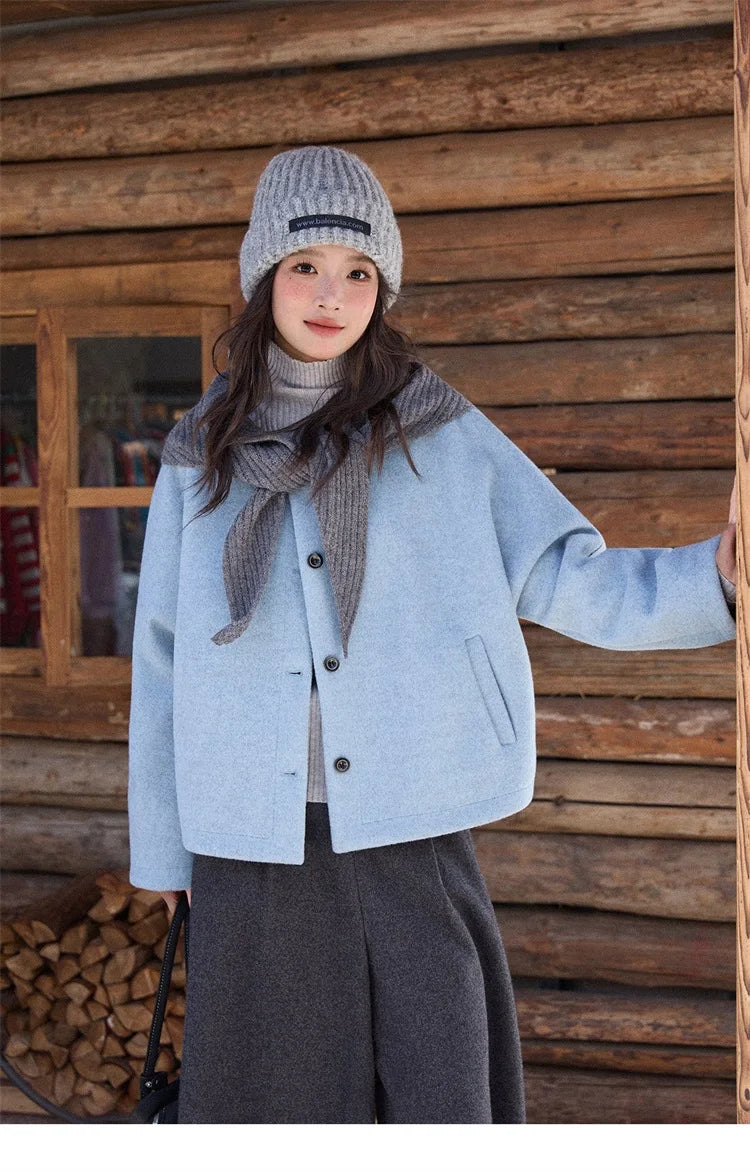 MISHOW Woman Blue Wool Coat with Shawl 2025 Winter Elegant Fashion Crew Neck Single-breasted Short Loose Thick Coat MXE87W0943