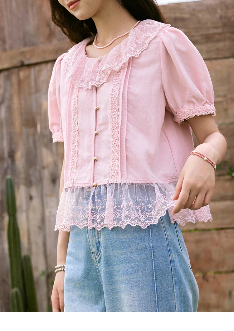 MISHOW Women's Pink Spliced Lace Round Neck Blouses 2025 Summer Lace Hem Sweet Blouse Single Row Metal Buttons Top MXE32X1768