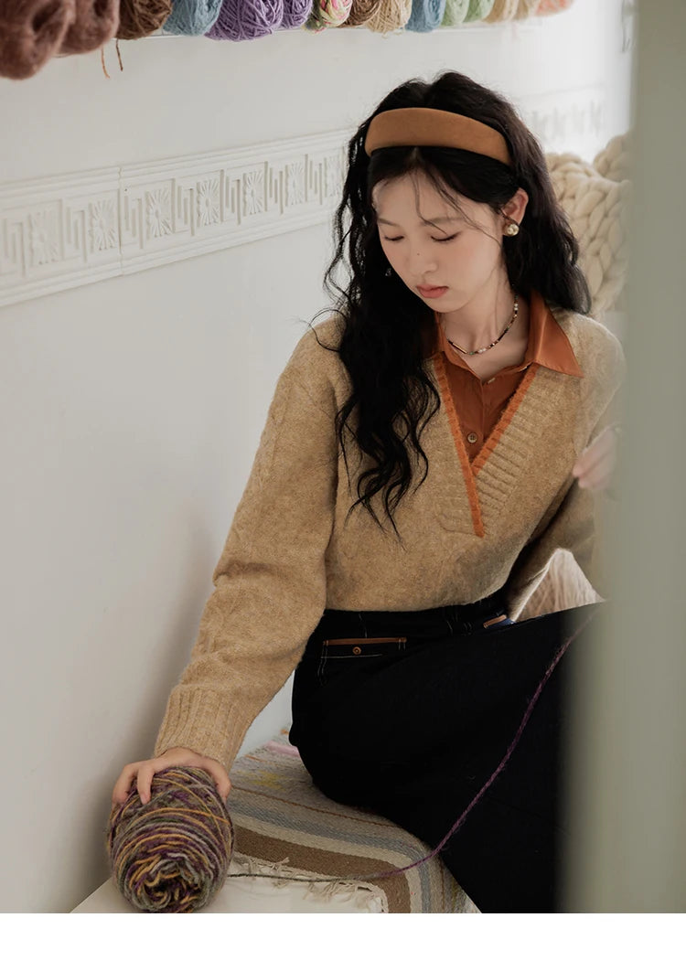 MISHOW Vintage Sweater False Two-piece Sweet Fashion V-neck Knitwear 2024 Fall New Vintage Versatile Sweater Tops MXD42Z0695