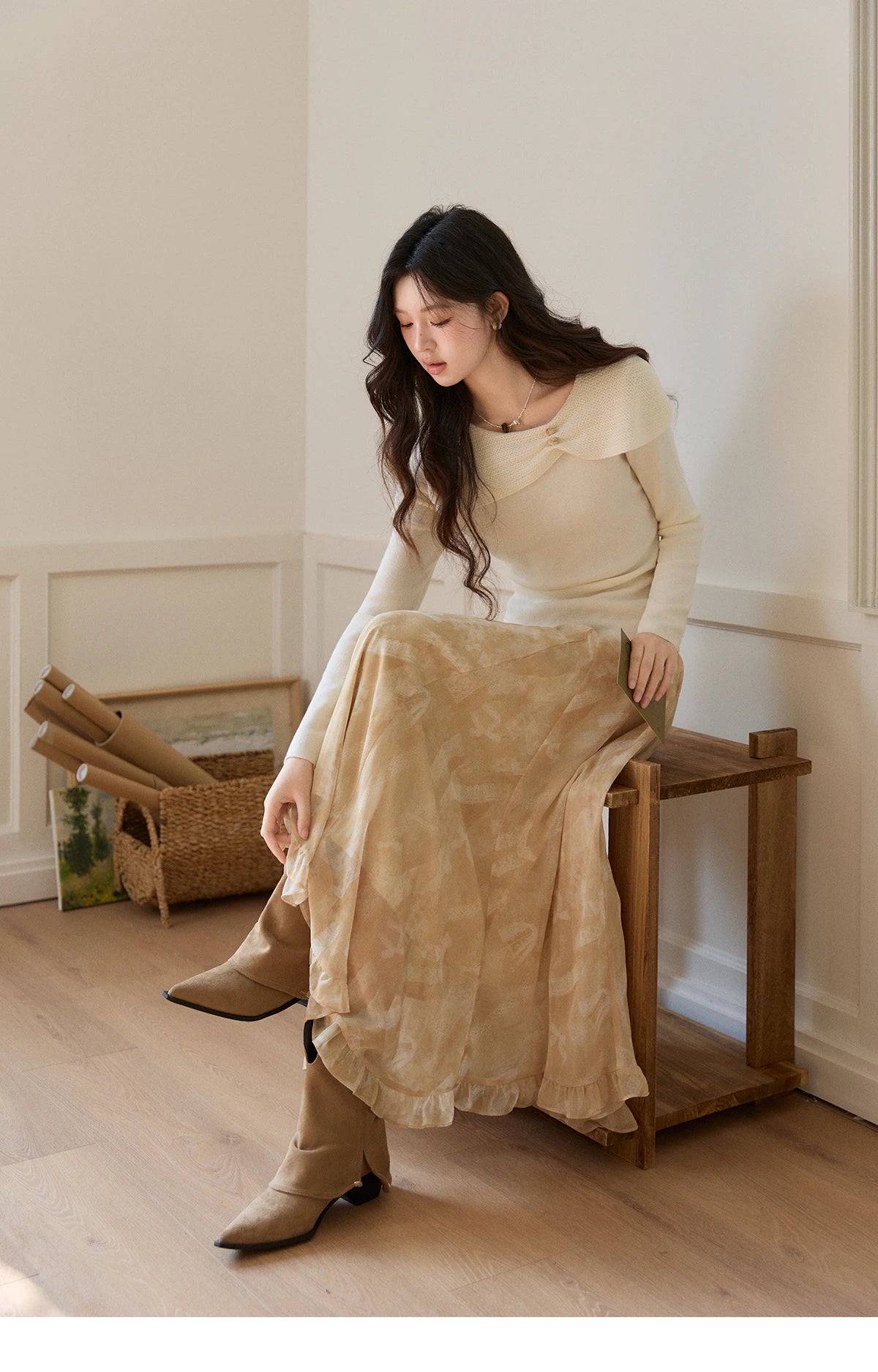 MISHOW Women's Beige Chiffon Maxi Skirt 2026 Spring Floral Print High Waist Ruffled Asymmetrical Casual Long Skirts MXF11B2463