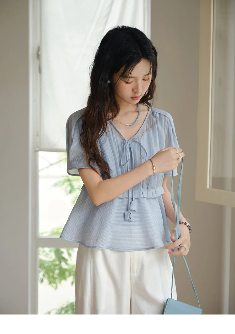 MISHOW Women's Fashion V-neck Blouse Summer 2025 New Splicing Button Commut Ladies Lace Up Casual Short Sleeve Top MXE34X1821